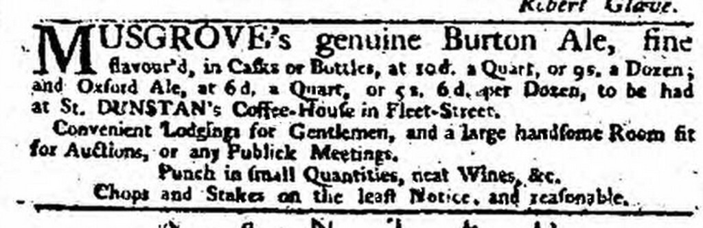 An advert for Musgrove's Burton Ale from the London Daily Advertiser of June 15 1751, one of the earliest ads featuring a named brewer from outside London