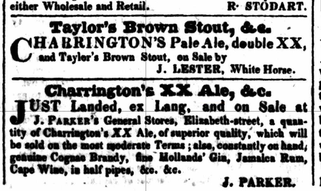 A couple of ads for Charrington's XX ale in 1829 this is pale ale in the earlier sense of a lightly hopped but strong pale malt liquor, not the heavily hopped India Pale Ale: these ads are actually from an Australian newspaper