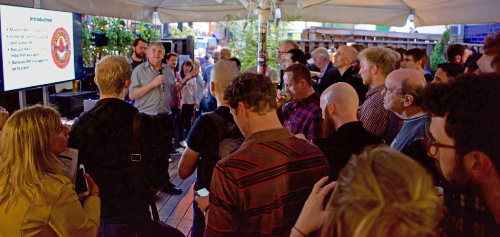 Ron Pattinson pontificates at the launch of Brewery Yard Stock Pale Ale in the Rake to an audience of geeks, bloggers, brewers and journos (none of those categories being exclusive …)