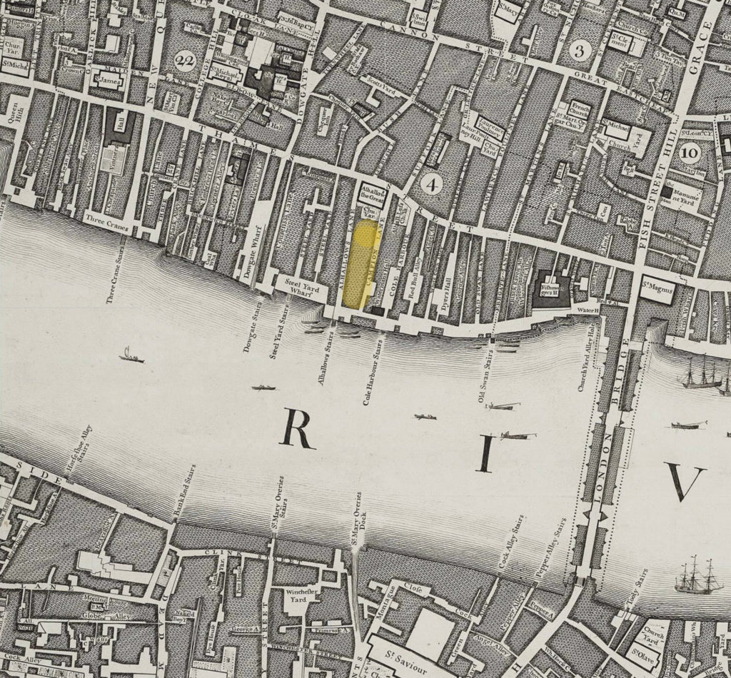 The site of the Hour Glass brewhouse marked in yellow, on a map of 1746