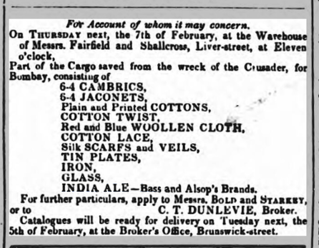 Advertisement from the Liverpool Mail, Thursday 31 January 1839, for the sale opf India ale rescued after the wreck of the Crusader East Indiaman in the Great Storm three weeks earlier