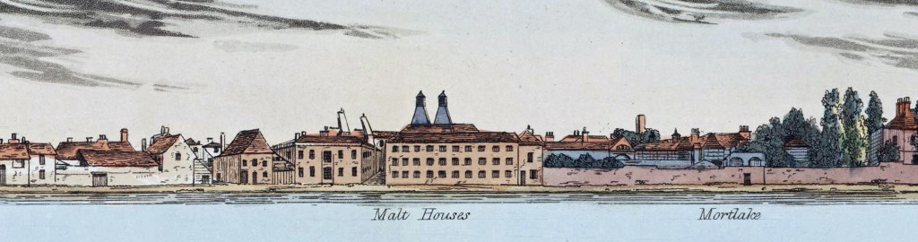 Weatherstone's brewery, split by Thames Street, from Samuel Leigh's 1829 Panorama of the Thames