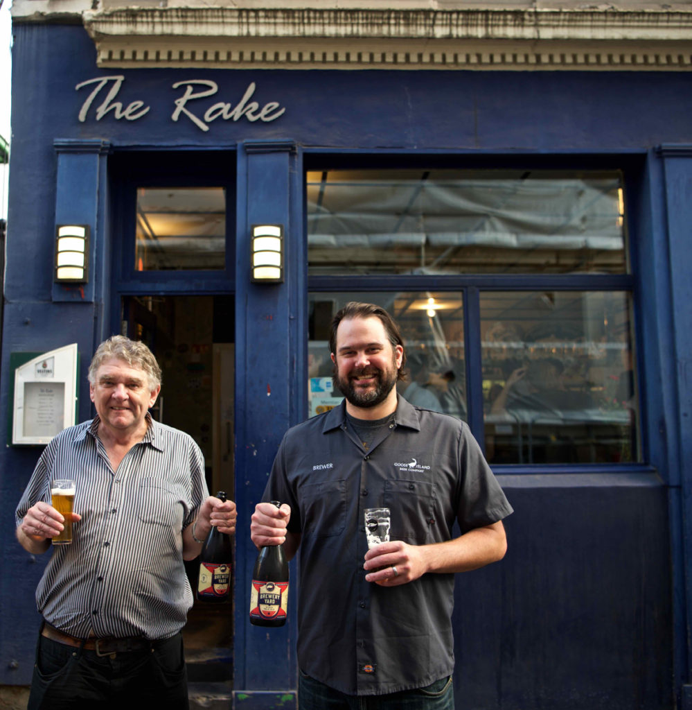 Ron Pattinson and Mike Siegel outside the Rake in Borough for the UK launch of Brewery Yard Stock Pale Ale