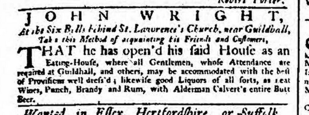 Alderman Calvert's Entire Butt Beer advertised in London in 1749