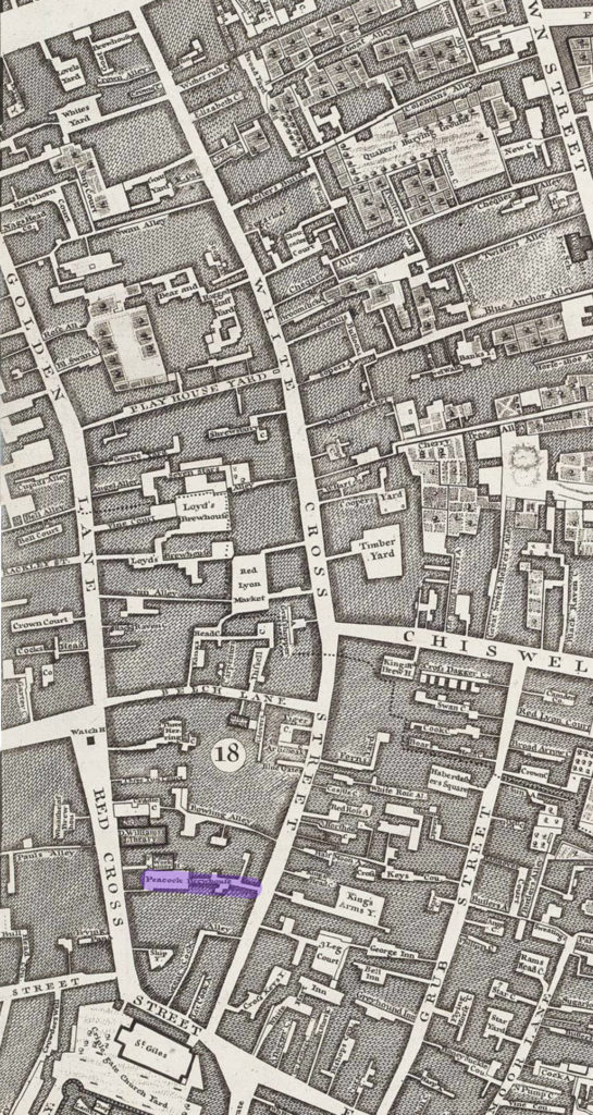 The Peacock brewhouse in Whitecross Street on a map of 1746: nearby is the King's Heade brewery in Chiswell Street, later acquired by Samuel Whitbread